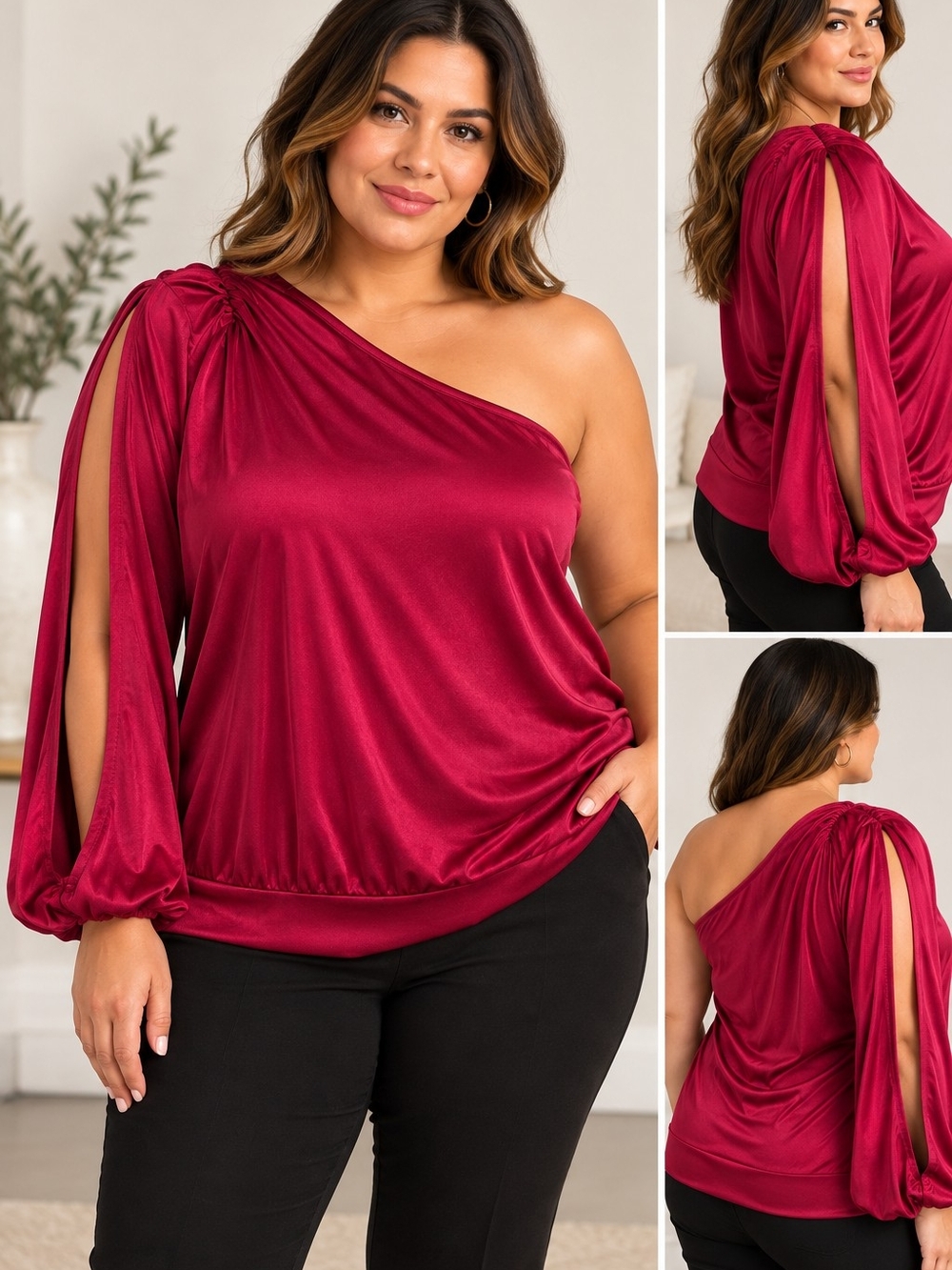 Moda International Raspberry One Shoulder Split Sleeve Top Size Large